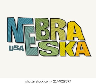 Estado de Nebraska con el nombre distorsionado en forma de estado. Ilustración vectorial de estilo pop artístico para pegatinas, camisetas, afiches, medios sociales y medios impresos.