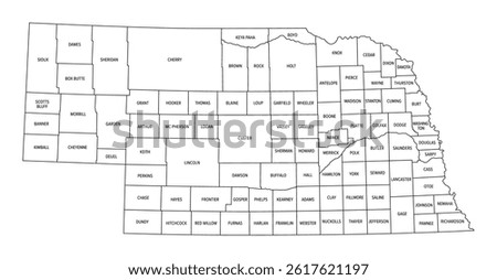 State of Nebraska, subdivided into 93 counties, outline map. Triply landlocked state in the Midwestern region of the United States, nicknamed The Cornhusker State. Map with county borders and names.