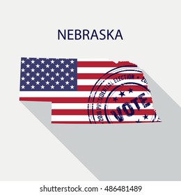 State of Nebraska vector graphic map with flag and presidential day vote stamp