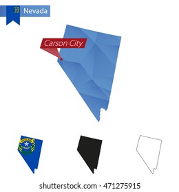 State of Nevada blue Low Poly map with capital Carson City, versions with flag, black and outline. Vector Illustration.