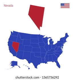 The State of Nevada is Highlighted in Red. Blue Vector Map of the United States Divided into Separate States. Map of the USA Split into Individual States.