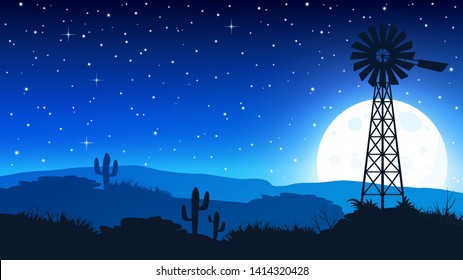 State Of Nevada, Mojave Desert Landscape At Night With Old Wind Turbine.