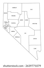 State of Nevada, subdivided into 16 counties and independent Carson City, outline map. State in the Western United States, nicknamed The Silver State. Isolated black and white illustration. Vector