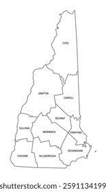 State of New Hampshire subdivided into 10 counties, outline map. State in the New England region of the Northeastern United States, nicknamed Granite, and White Mountain State. Illustration. Vector