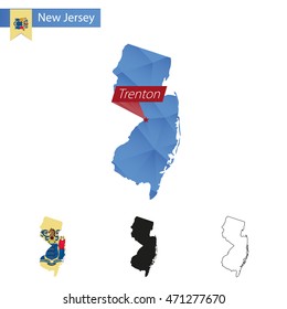 State of New Jersey blue Low Poly map with capital Trenton, versions with flag, black and outline. Vector Illustration.