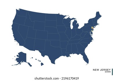 Bundesstaat New Jersey auf der blauen Karte der Vereinigten Staaten von Amerika. Flagge und Karte von New Jersey. Vektorgrafik.