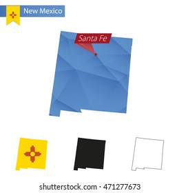 State of New Mexico blue Low Poly map with capital Santa Fe, versions with flag, black and outline. Vector Illustration.
