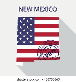 State of New Mexico vector graphic map with flag and presidential day vote stamp