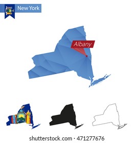 State of New York blue Low Poly map with capital Albany, versions with flag, black and outline. Vector Illustration.