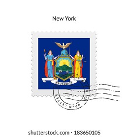 State of New York flag postage stamp on white background. Vector illustration.