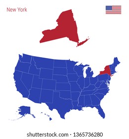 The State of New York is Highlighted in Red. Blue Vector Map of the United States Divided into Separate States. Map of the USA Split into Individual States.