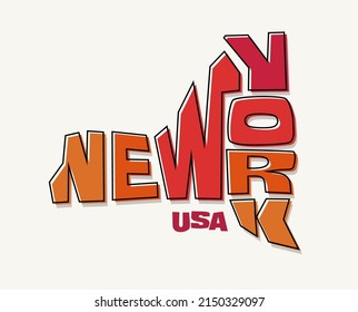 State of New York with the name distorted into state shape. Pop art style vector illustration for stickers, t-shirts, posters, social media and print media.