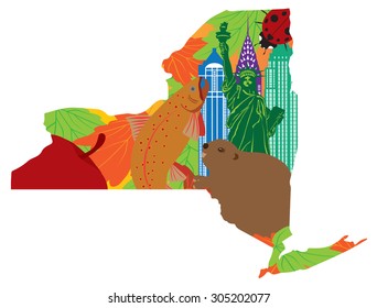 State of New York Official Symbols with Statue of Liberty Beaver Brook Trout Ladybug Big Apple Sugar Maple Leaves in Map Outline Color Vector Illustration