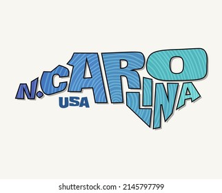 State of North Carolina with the name distorted into state shape. Pop art style vector illustration for stickers, t-shirts, posters, social media and print media.