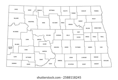 State of North Dakota subdivided into 53 counties, outline map. State in the Upper Midwest region of United States, nicknamed Peace Garden and Roughrider State. Map with boundaries and county names.