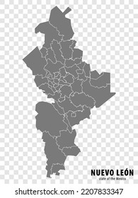 State Nuevo Leon of Mexico map on transparent background. Blank map of  Nuevo Leon with  regions in gray for your web site design, logo, app, UI. Mexico. EPS10.