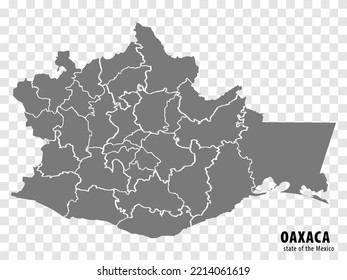 Mapa del estado Oaxaca de México sobre fondo transparente. Mapa en blanco de Oaxaca con regiones en gris para el diseño de tu sitio web, logotipo, aplicación, interfaz de usuario. México. EPS10.