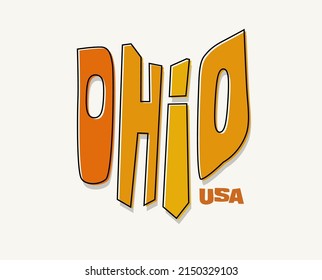 Estado de Ohio con el nombre distorsionado en forma de estado. Ilustración vectorial de estilo pop artístico para pegatinas, camisetas, afiches, medios sociales y medios impresos.