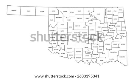 State of Oklahoma, divided into 77 counties, outline map. State in the South Central and Southwestern region of the United States, nicknamed Native America, Land of the Red Man, and Sooner State.