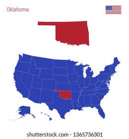 The State of Oklahoma is Highlighted in Red. Blue Vector Map of the United States Divided into Separate States. Map of the USA Split into Individual States.