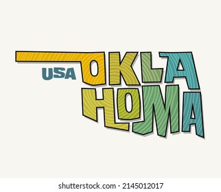 State of Oklahoma with the name distorted into state shape. Pop art style vector illustration for stickers, t-shirts, posters, social media and print media.