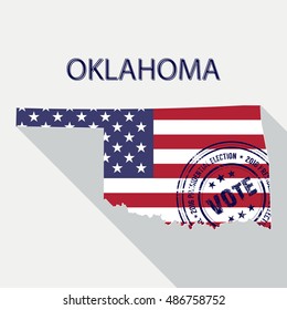 State of Oklahoma vector graphic map with flag and presidential day vote stamp