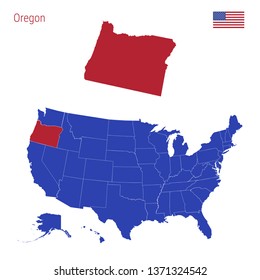 The State of Oregon is Highlighted in Red. Blue Vector Map of the United States Divided into Separate States. Map of the USA Split into Individual States.