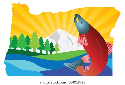 State of Oregon Scenic Landscape with Mount Hood Douglas Fir Trees Coho Salmon in Map Outline Color Vector Illustration