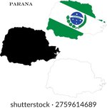 State of Parana Map Bundle with Flag, Black Silhouette and Detailed Outline Contours