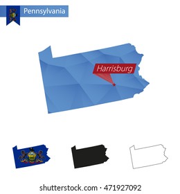 State of Pennsylvania blue Low Poly map with capital Harrisburg, versions with flag, black and outline. Vector Illustration.