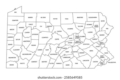 State of Pennsylvania subdivided into 67 counties, outline map. The Commonwealth of Pennsylvania, a state of the Mid-Atlantic and Northeastern United States. Map with boundaries and county names.