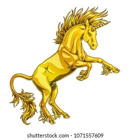 The state proud metal gold colorful unicorn who got on hind legs on white background isolated. Magical horse animal. The cartoon vector manual illustration.