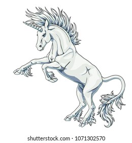 The state proud snow-white colorful unicorn with blue eyes who got on hind legs on white background isolated. Magical horse animal. The cartoon vector manual illustration.