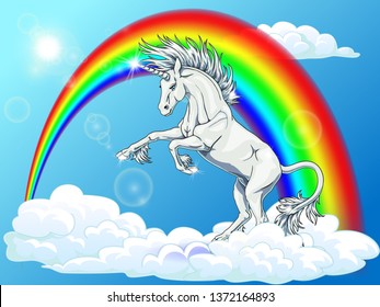 The state proud snow-white unicorn who got on hind legs on white blue background with clouds, sun and rainbow. Magical horse animal. The cartoon manual illustration.