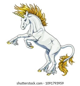 The state proud white colorful unicorn with blue eyes and gold hair who got on hind legs on white background isolated. Magical horse animal. The cartoon vector manual illustration.