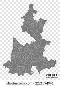 State Puebla of Mexico map on transparent background. Blank map of  Puebla with regions in gray for your web site design, logo, app, UI. Mexico. EPS10.