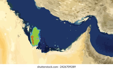 The State of Qatar country map and Doha, its capital city on the world background. This West Asian country is one of the world's largest reserves of petroleum and natural gas. Their religion is Muslim