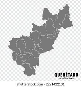 State Queretaro von Mexiko Karte auf transparentem Hintergrund. Leere Karte von Queretaro mit Regionen in Grau für Ihre Website-Design, Logo, App, UI. Mexiko. EPS10.