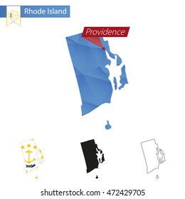 State of Rhode Island blue Low Poly map with capital Providence, versions with flag, black and outline. Vector Illustration.