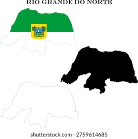 State of Rio Grande do Norte Map Bundle with Flag, Black Silhouette and Detailed Outline