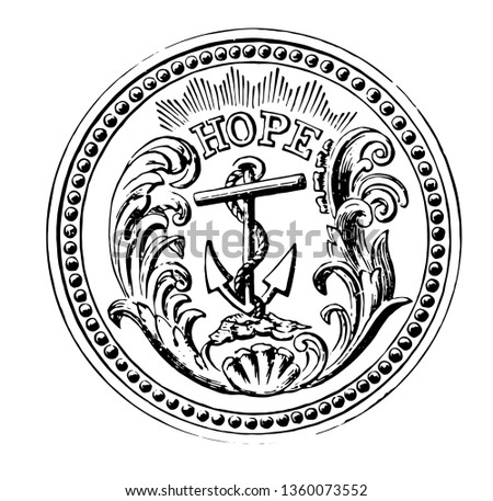 State seal of Rhode Island adopted in 1664 having an anchor with the word HOPE vintage line drawing.