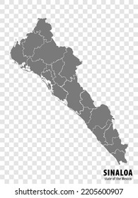 Mapa de Sinaloa Estatal de México sobre fondo transparente. Mapa en blanco de Sinaloa con regiones en gris para el diseño de tu sitio web, logotipo, aplicación, interfaz de usuario. México. EPS10.