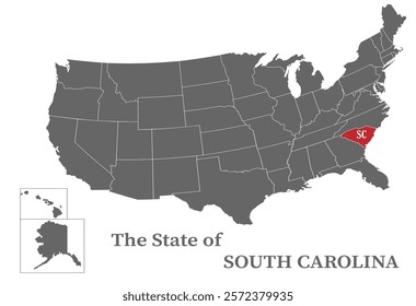 The state of South Carolina on the map of the United States of America is highlighted in red. States of the USA with borders on a general map