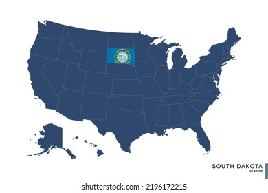 State of South Dakota on blue map of United States of America. Flag and map of South Dakota. Vector illustration.