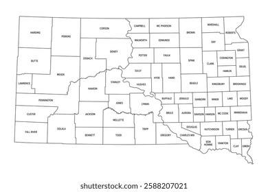 State of South Dakota subdivided into 66 counties, outline map. State in the North Central region of the United States, nicknamed The Mount Rushmore State. Map with boundaries and county names. Vector