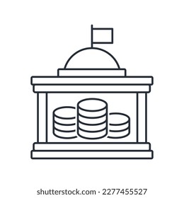 Staatliche Struktur und Geld. Staatliche Mittel. Haushaltsprogramme. Lineares Vektorsymbol einzeln auf weißem Hintergrund.