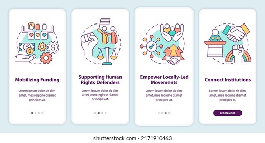 State support of LGBT community onboarding mobile app screen. Walkthrough 4 steps editable graphic instructions with linear concepts. UI, UX, GUI template. Myriad Pro-Bold, Regular fonts used