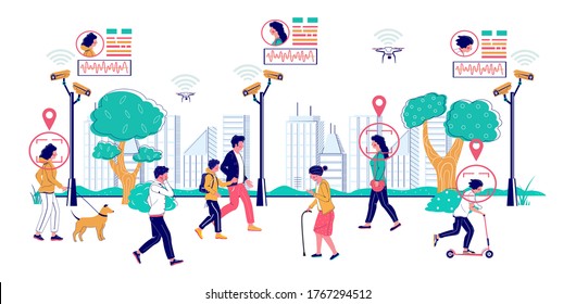 State Surveillance, Vector Flat Illustration. People Walking Along The Street With Installed Cctv Cameras. Video Surveillance, Public Security, Facial Recognition Cctv Technology.