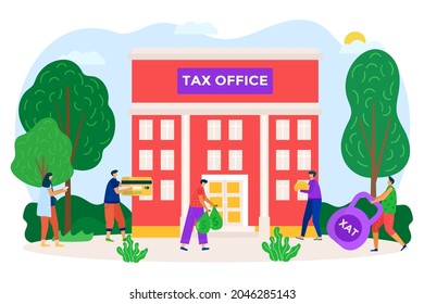 State Tax Department Building, People Character Taxpayer Together Pay Fee Charge To Office Flat Vector Illustration, Isolated On White.