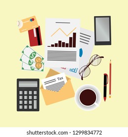 State taxes flat vector concept. Tax payment, analysis, paperwork, financial research report accounting tax document